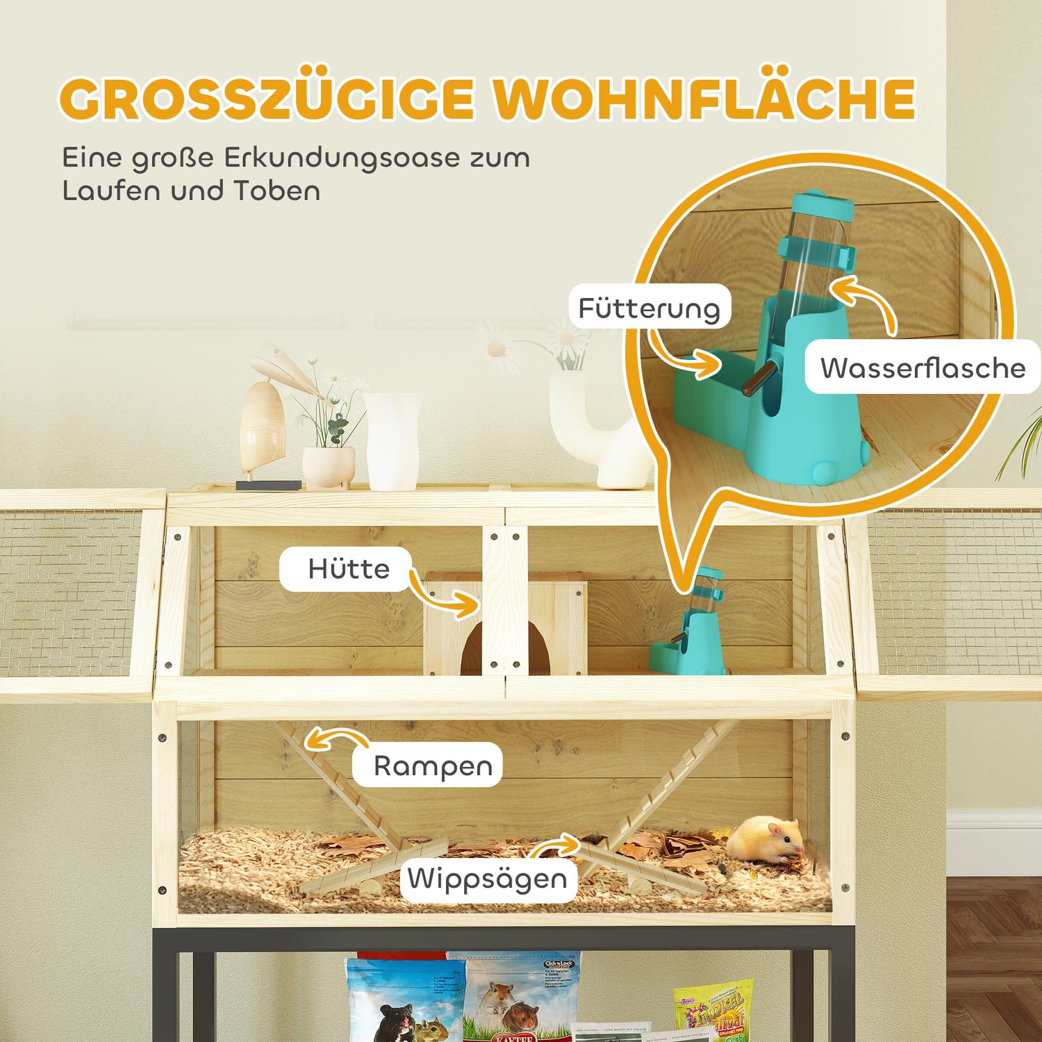 Dvärghamsterbur i trä med hjul och tillbehör