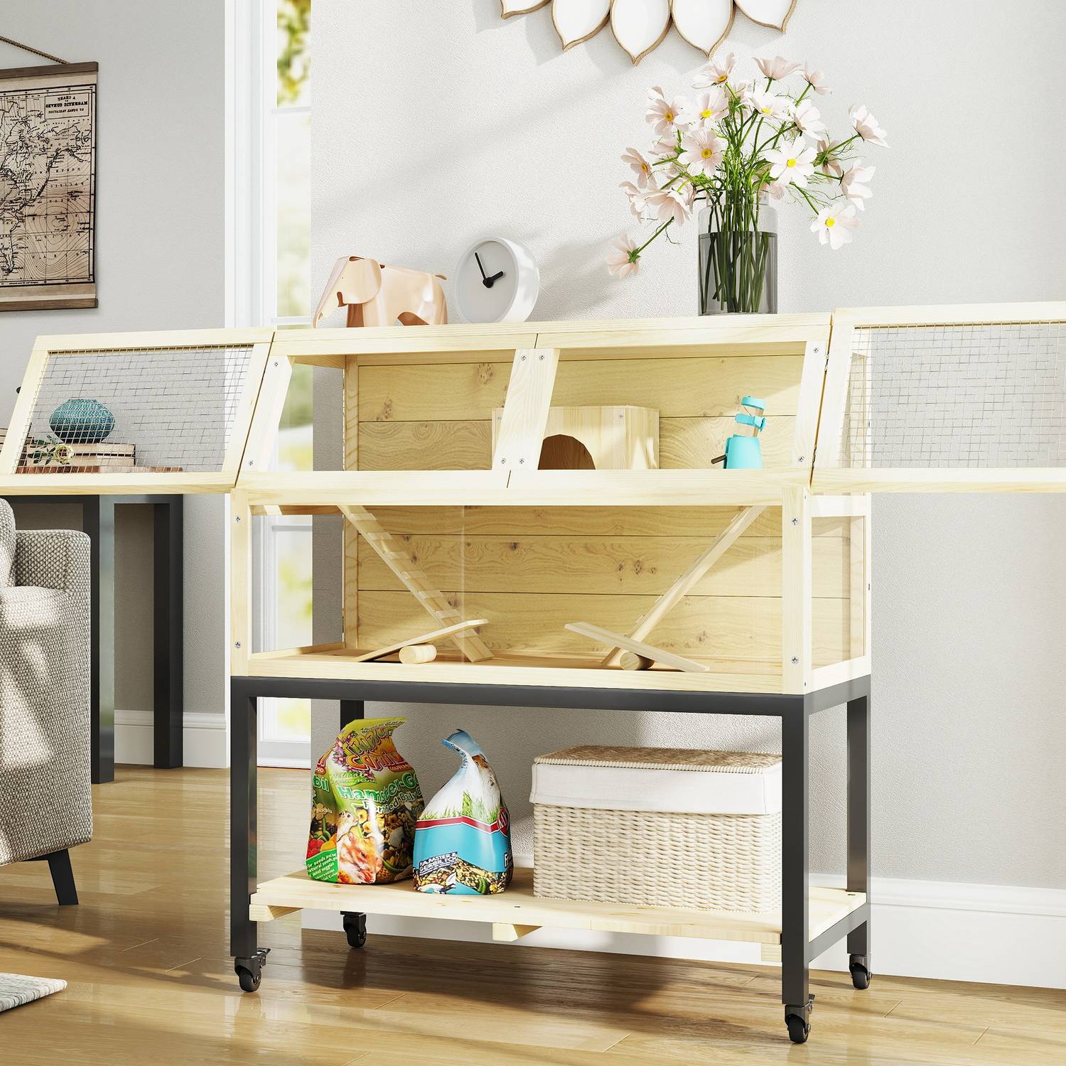 Dvärghamsterbur i trä med hjul och tillbehör