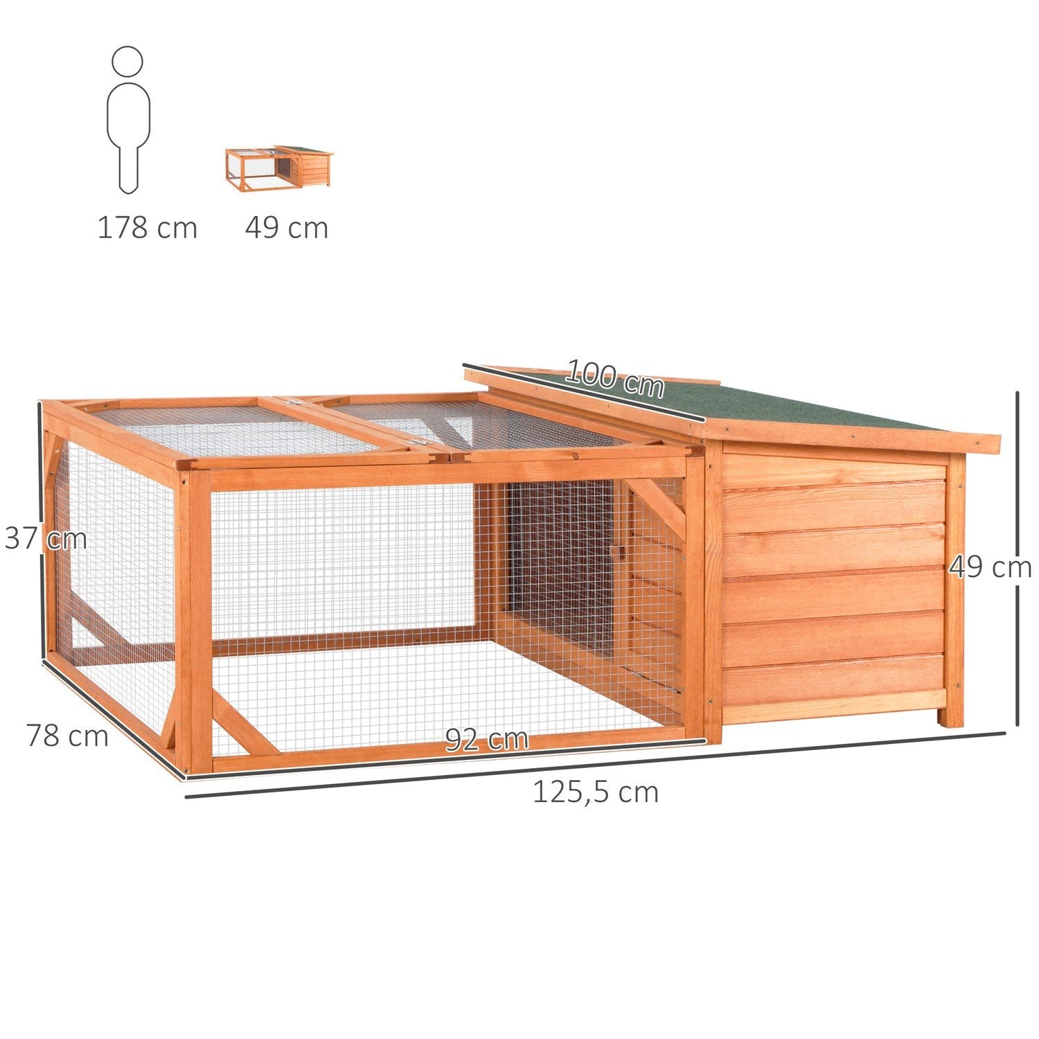 Liten Djurkoja Dvärgkaninkoja 125,5X100X49Cm Med Öppningsbart Asfalttak Utomhus Inomhus Bakgård Väderbeständig Granträ Orange + Grön