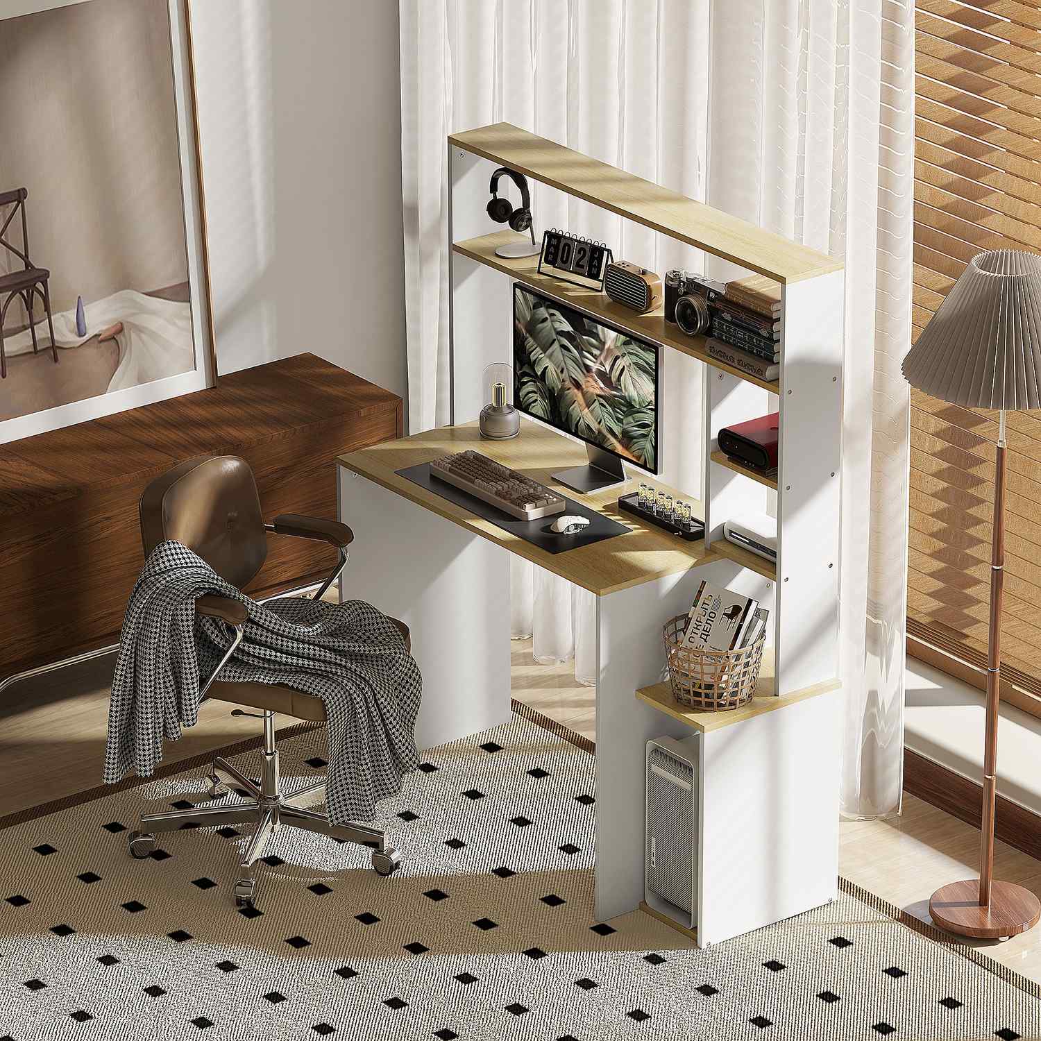 Ek Datorbord – 113 x 45 cm, Stålram, Öppna hyllor