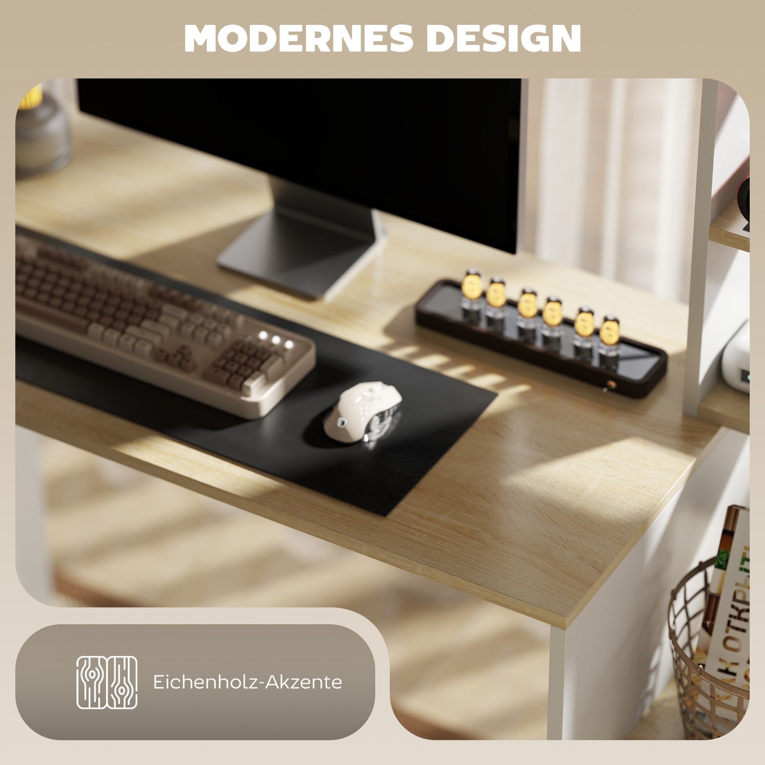 Ek Datorbord – 113 x 45 cm, Stålram, Öppna hyllor