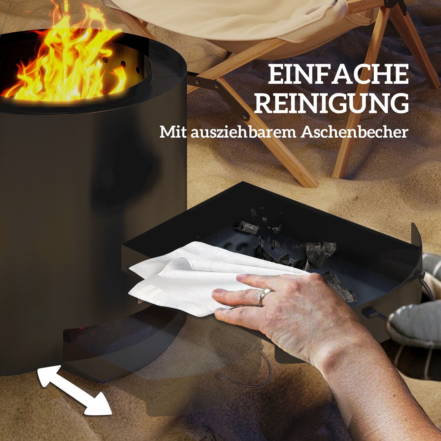 Eldgrop i stål Ø45 x 42 cm med poker och askfat