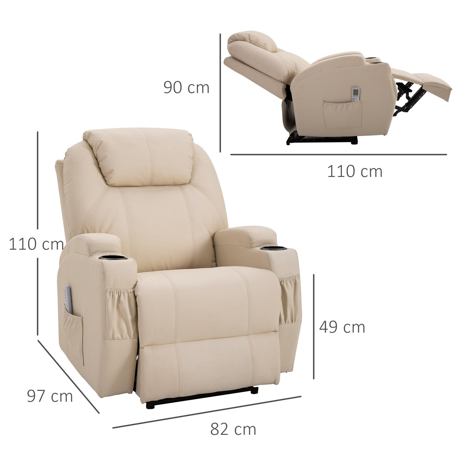 Elektrisk Avkopplingsstol Tv-Stol Massagestol Massagefunktion Ligglägesfunktion Fuktläder Trä Metallskum Beige 82 X 97 X 110 Cm