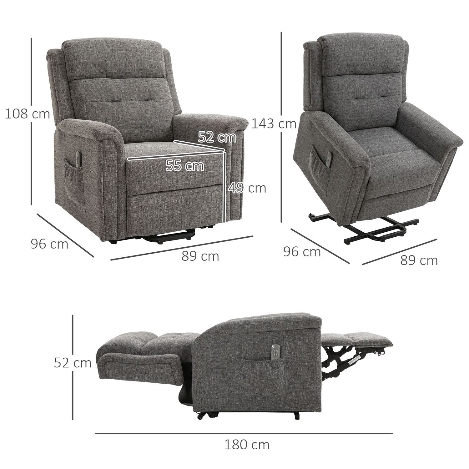 Elektrisk Ståstol, Tv-Stol, Relaxstol Med Liggfunktion, Seniorstol Med Fjärrkontroll, Lastkapacitet Upp Till 170 Kg, Grå, 89X96X108 Cm