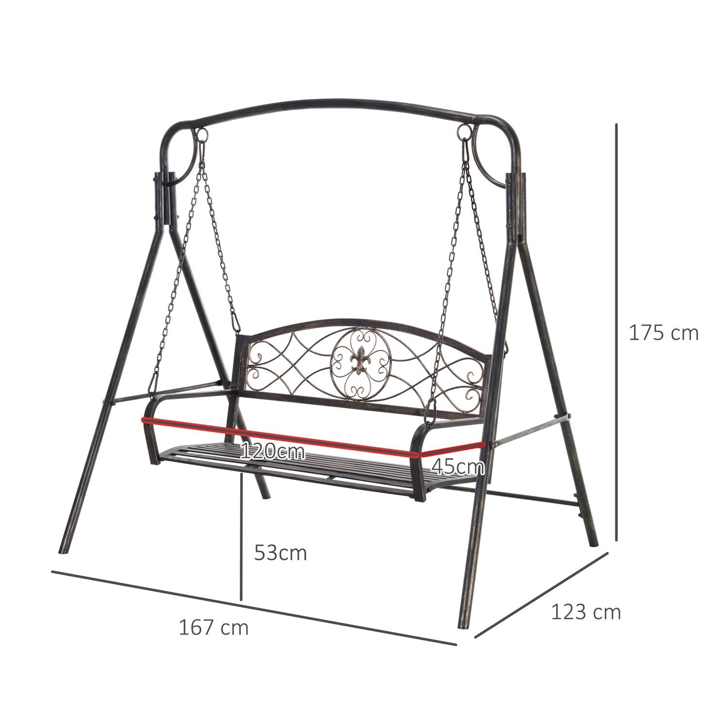 Garden Swing För 2 Personer, Hollywood-Gunga, Gungbänk, Metall, Brons, 167 X 123 X 175 Cm