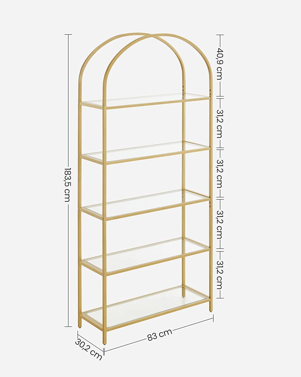 Elegant displayhylla i guld stål och glas