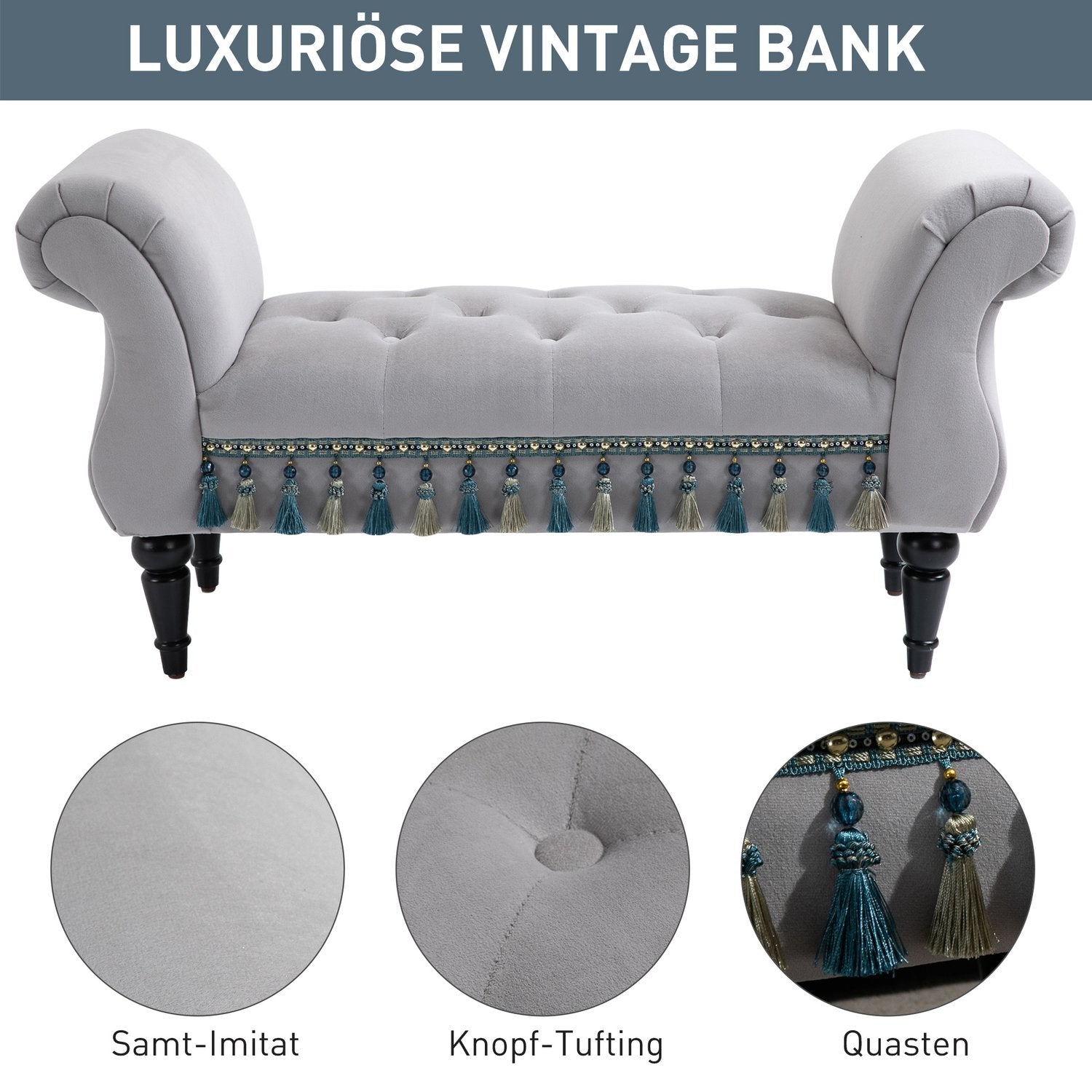 Elegant grå klädd träbänk – 117 x 40 x 58 cm