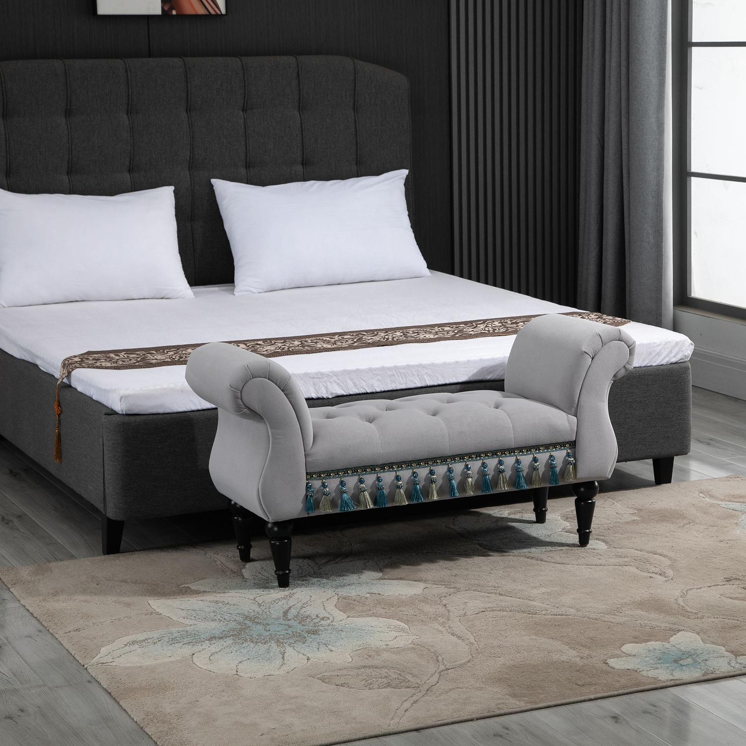 Elegant grå klädd träbänk – 117 x 40 x 58 cm