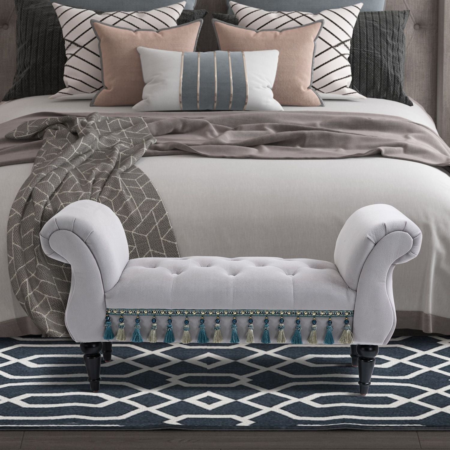 Elegant grå klädd träbänk – 117 x 40 x 58 cm