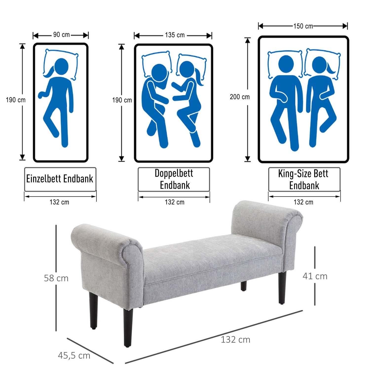 Elegant ljusgrå stoppad bänk med rullade sidor