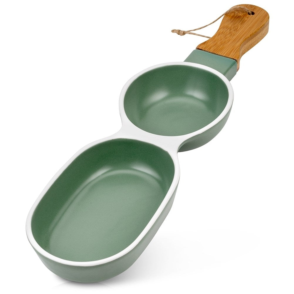 Elegant tallrik med handtag i grön porslin och bambuträ