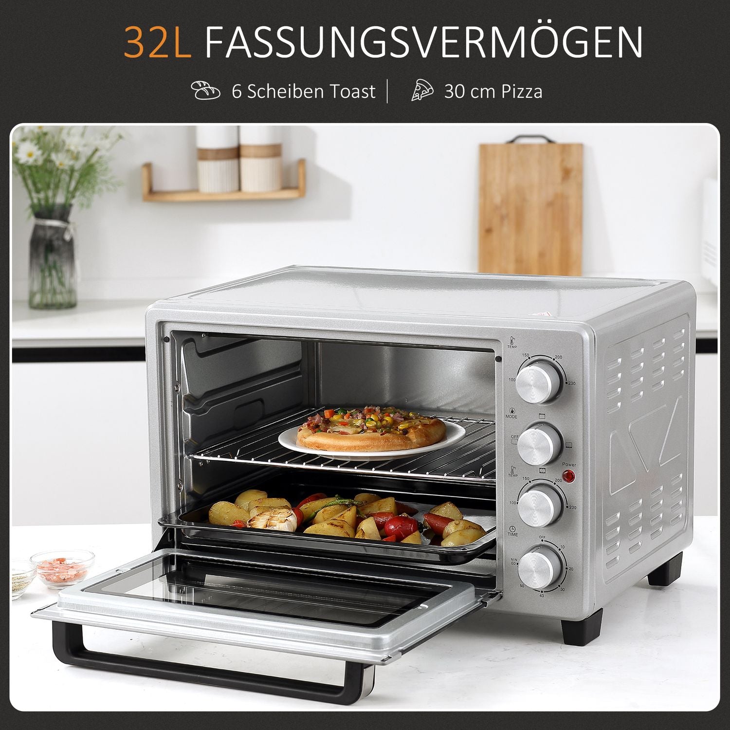 Elektrisk Miniugn 32L, 1600W, Rostfritt Stål & Glas