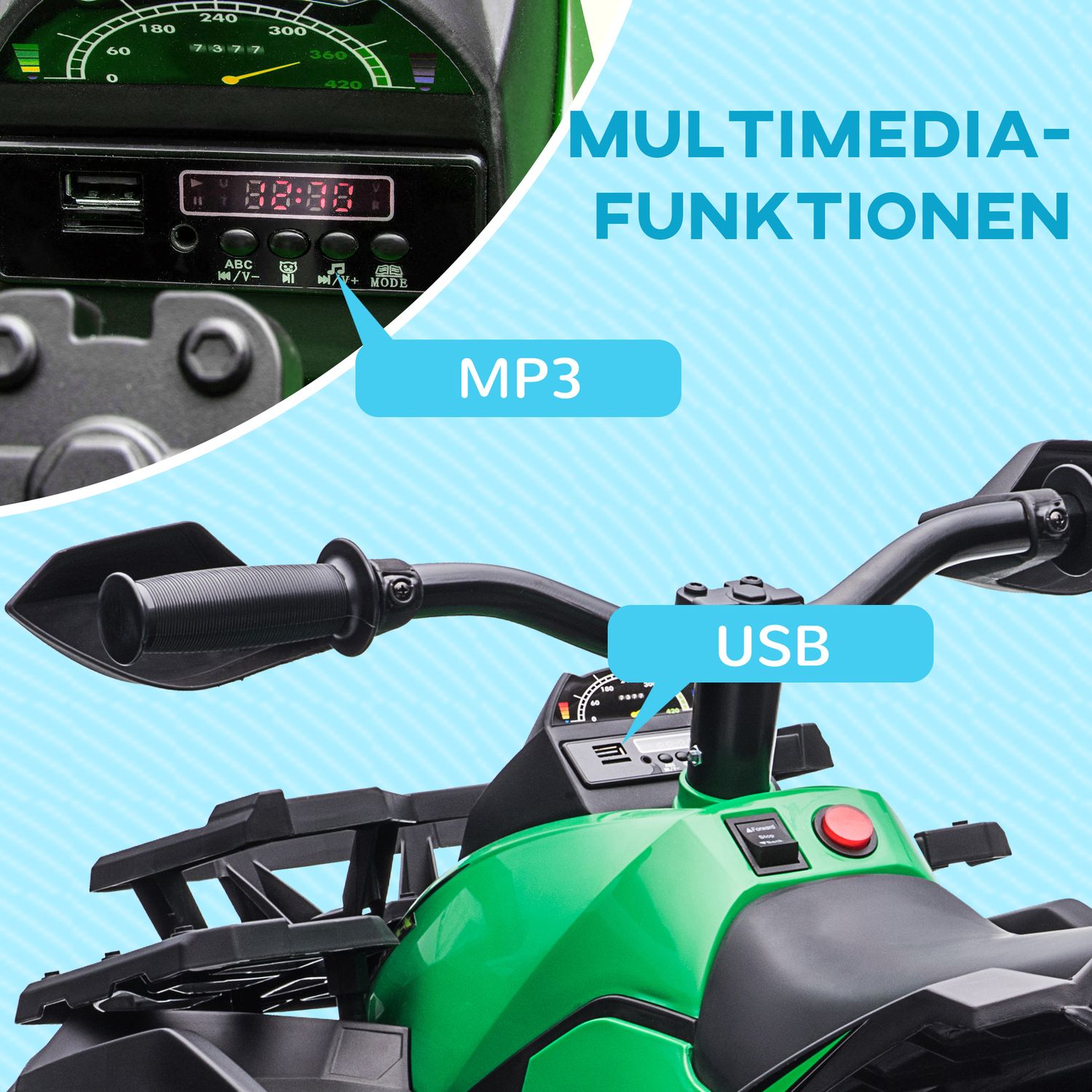 Elektrisk fyrhjuling för barn, framåt & bakåt, MP3 & strålkastare