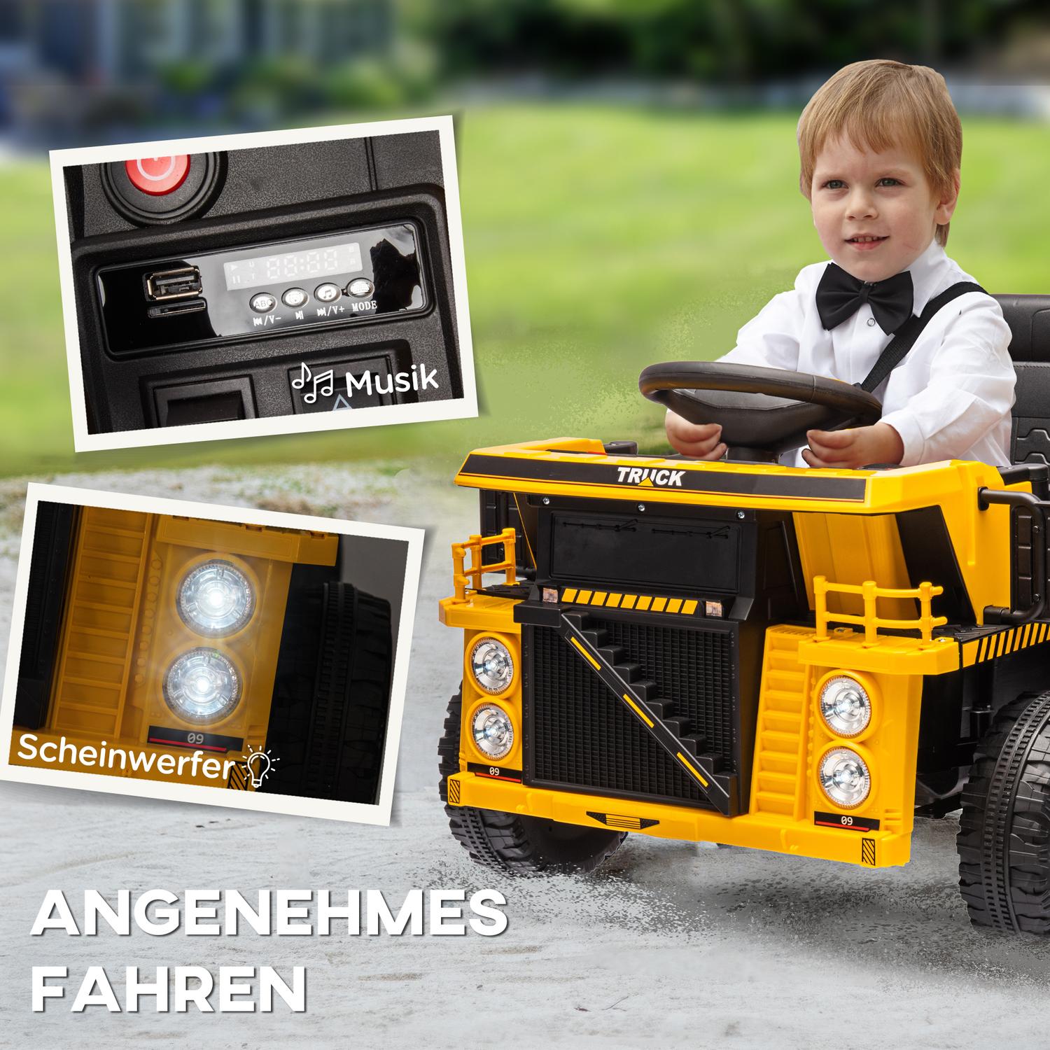 Elektrisk åktraktor för barn med spade, gul