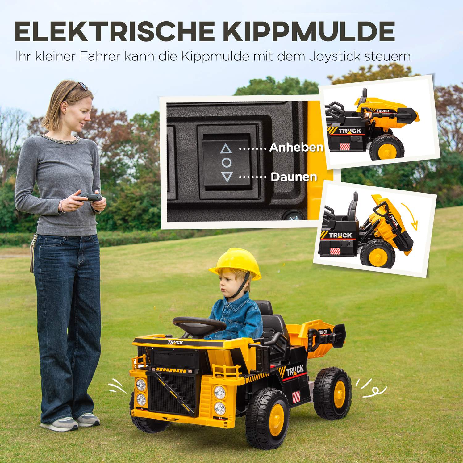 Elektrisk åktraktor för barn med spade, gul