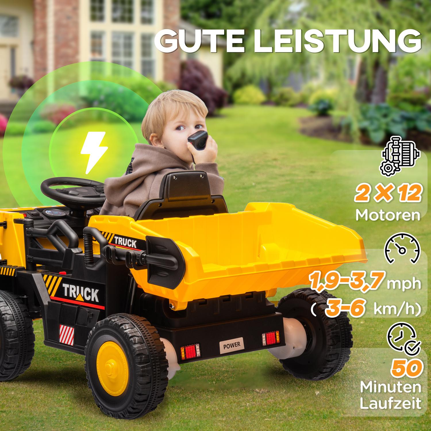 Elektrisk åktraktor för barn med spade, gul