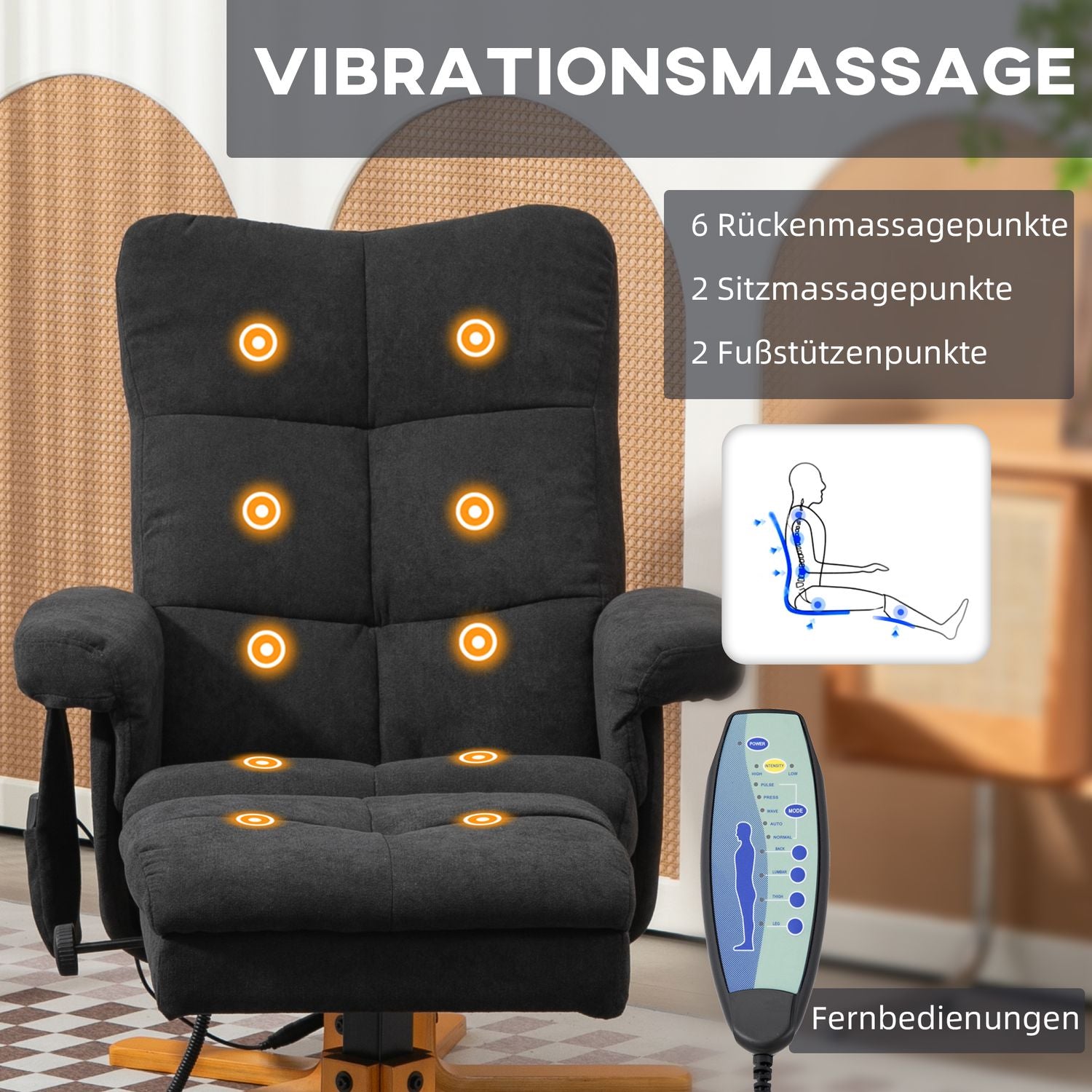 Elektrisk massagefåtölj med fotpall, svart