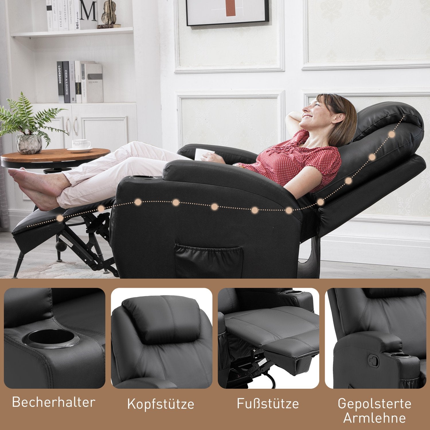 Elektrisk massagestol, liggande, 5 lägen, svart konstläder