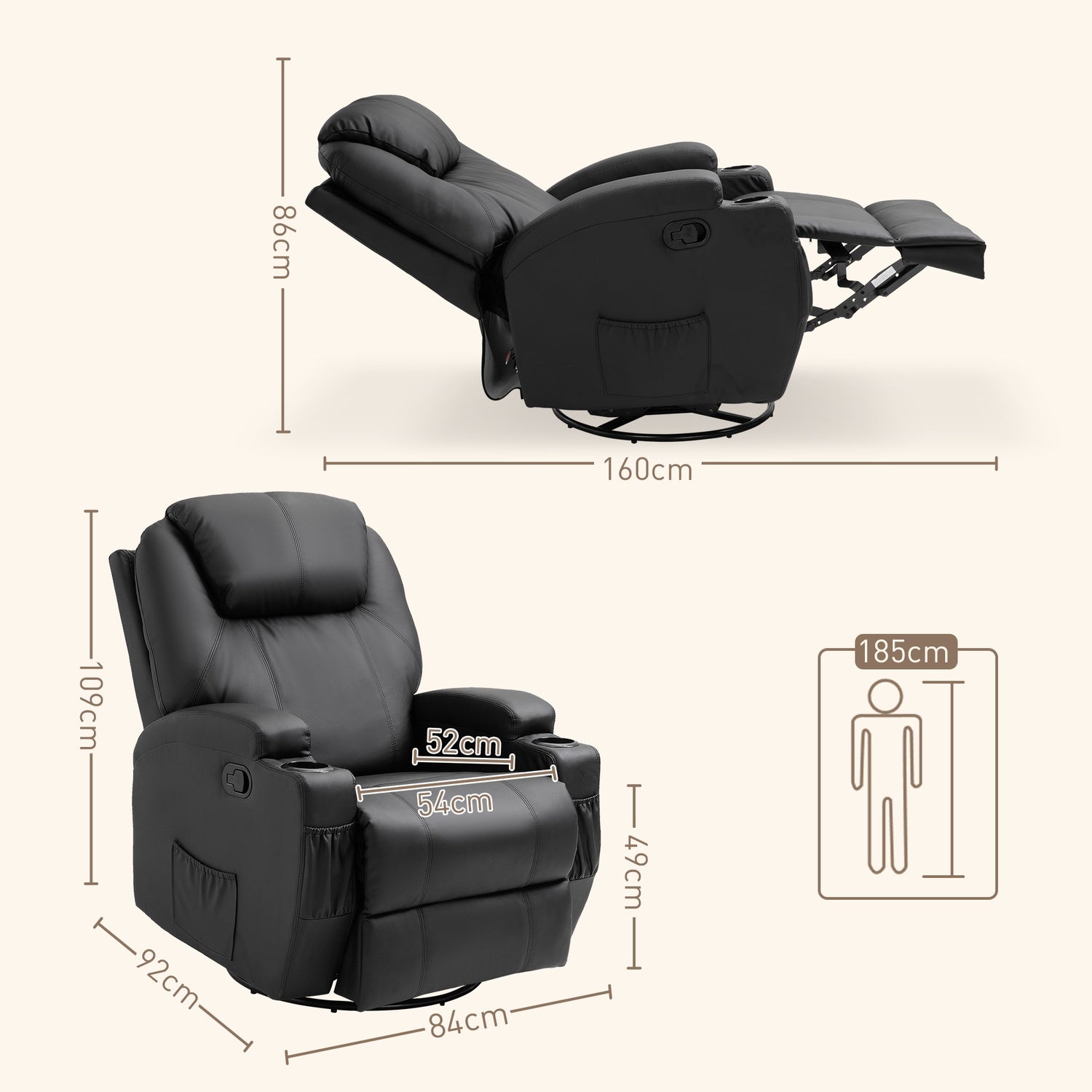 Elektrisk massagestol, liggande, 5 lägen, svart konstläder