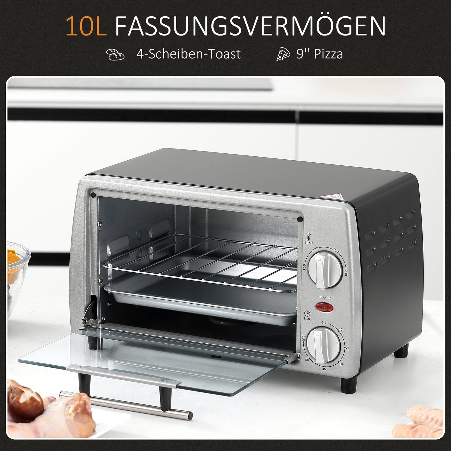 Elektrisk ugn 10L med justerbar temperatur, timer & grill