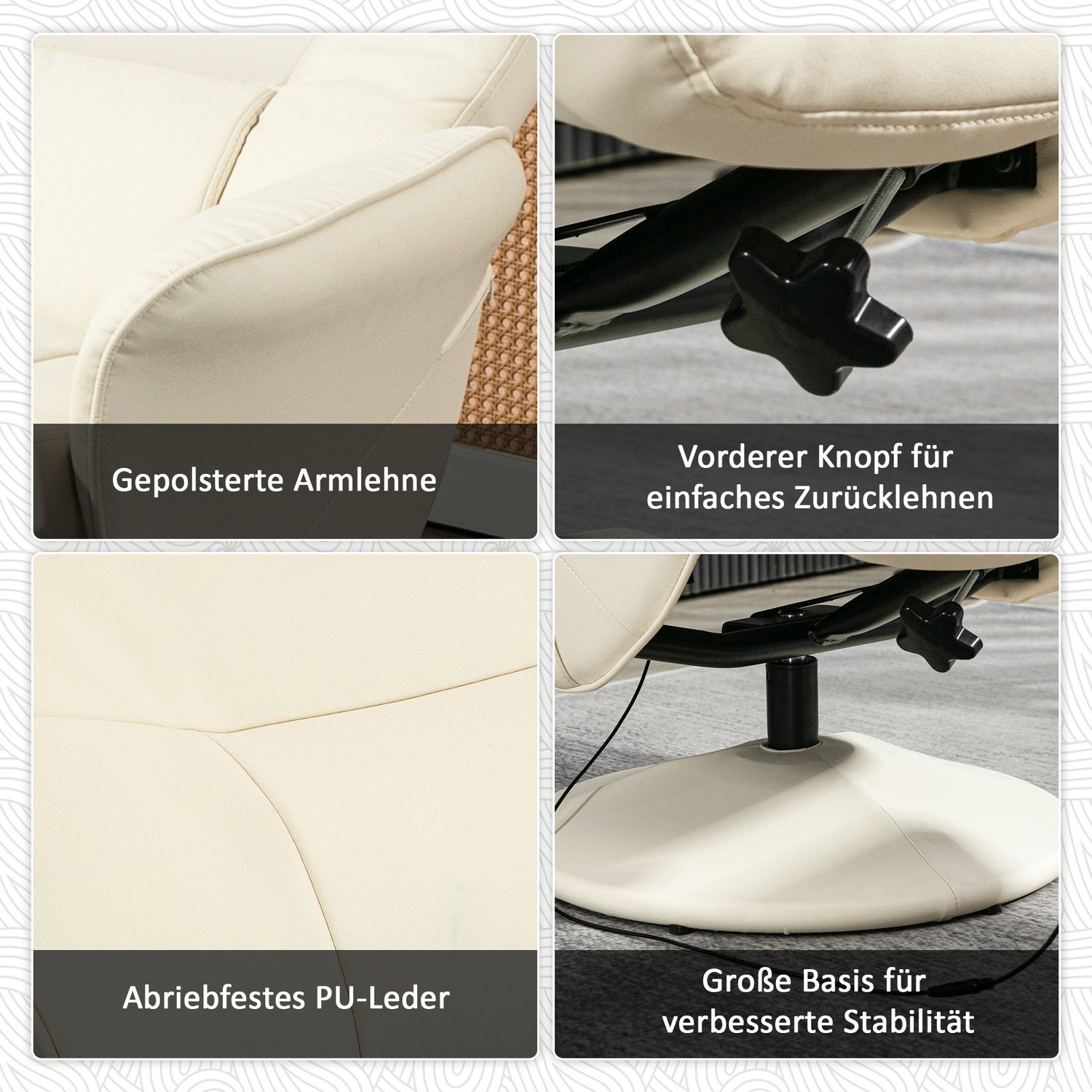 Elektrisk vilstol massagestol med fotpall, gräddvit