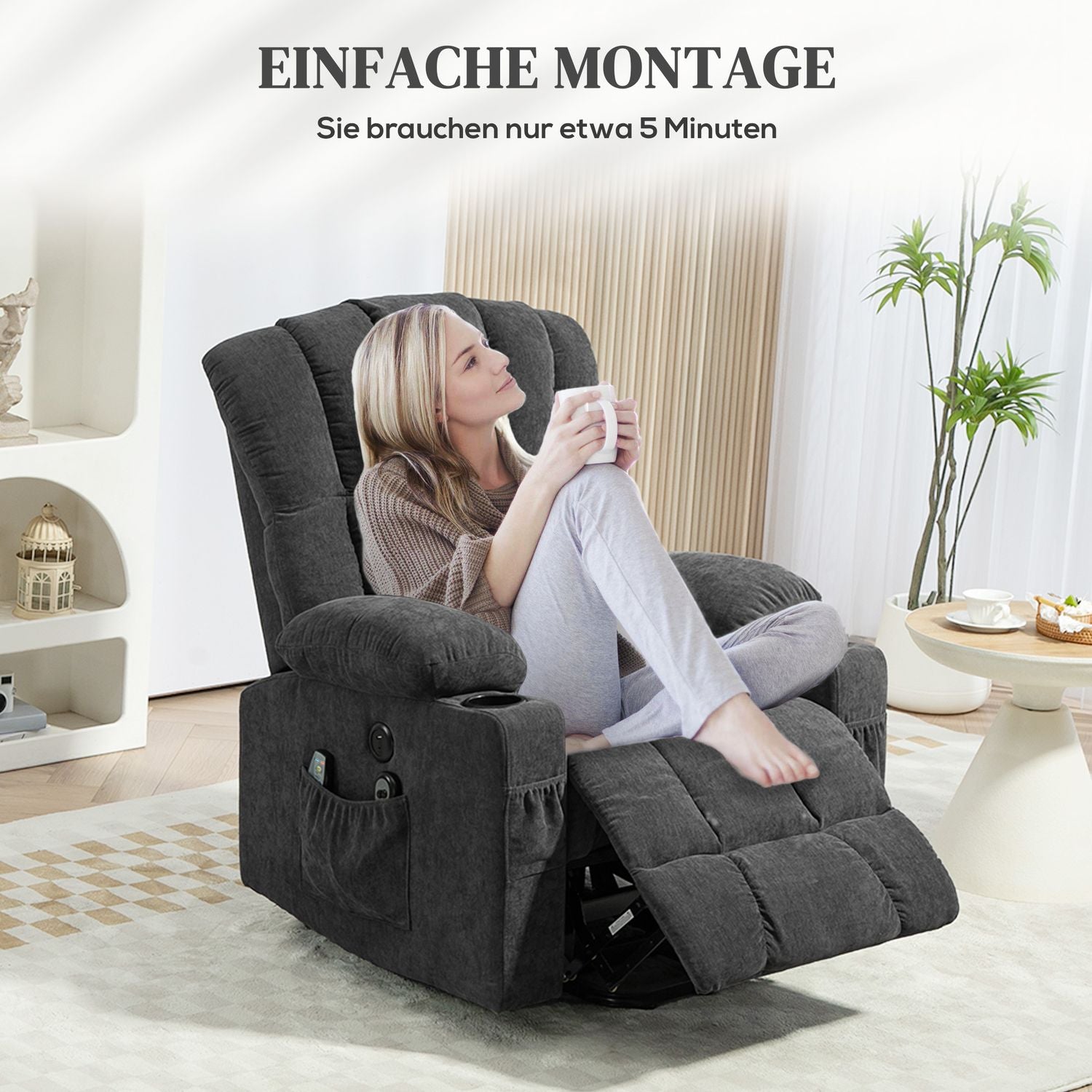 Elektrisk vilstol – massage, värme, USB-portar, mörkgrå