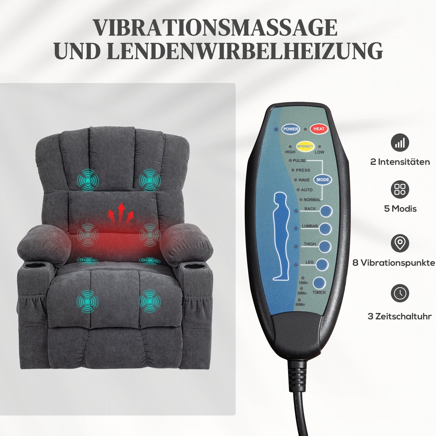Elektrisk vilstol – massage, värme, USB-portar, mörkgrå