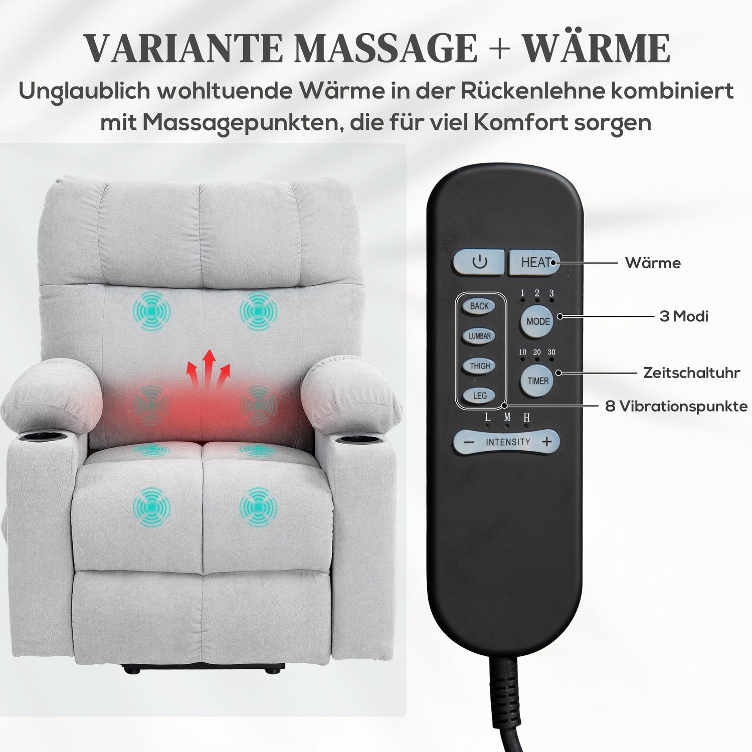Elektrisk vilstol med stå-upp-hjälp, massage & värme