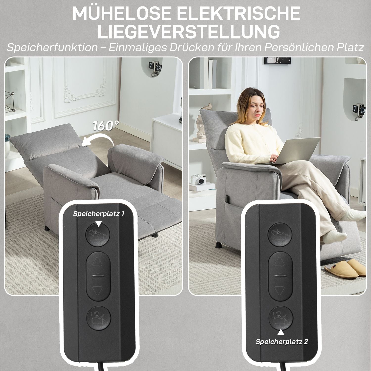 Elektrisk vilstol, tyst, minnesfunktion, grå sammet