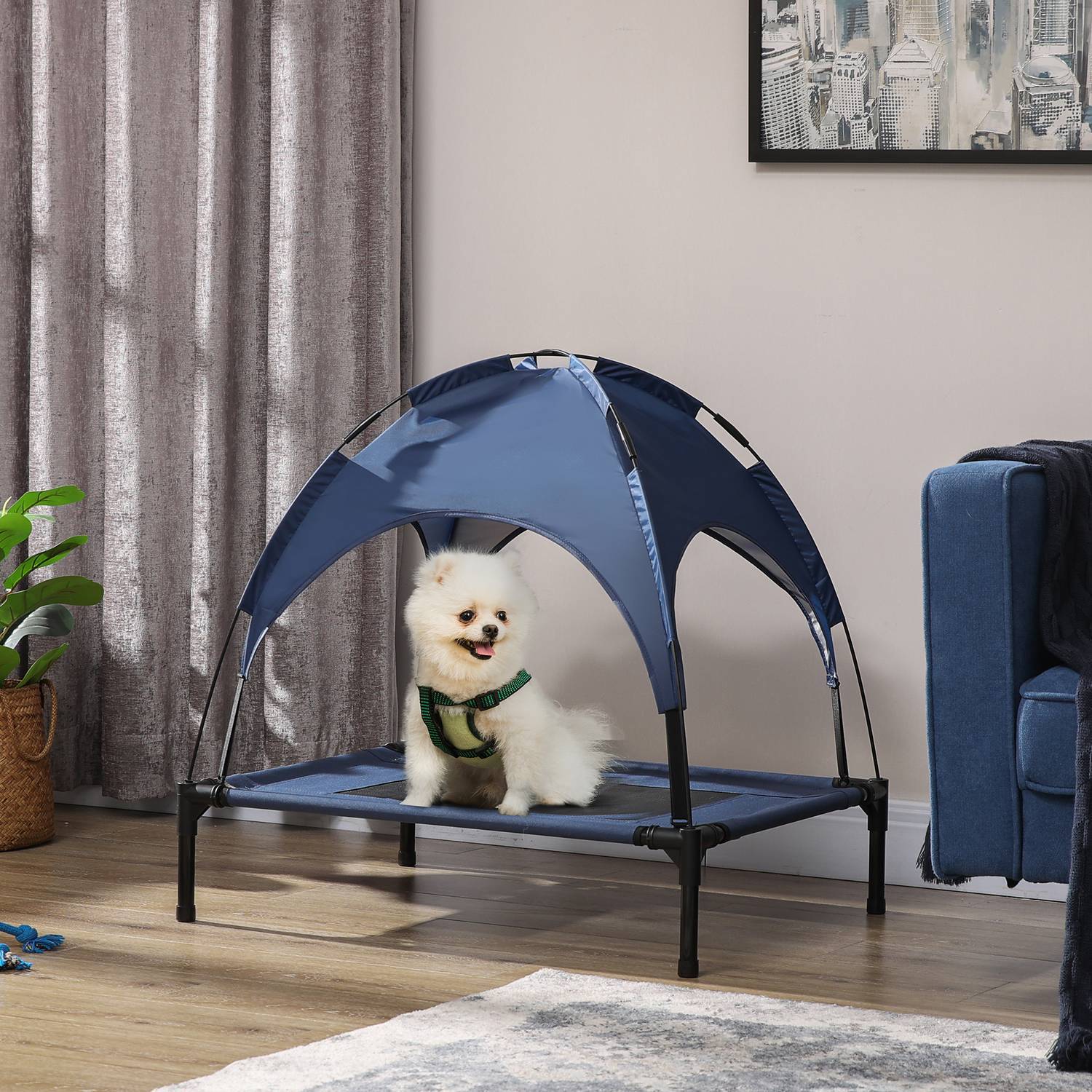 Pet Bed Outdoor Canopy Raised Mesh Uv-Skydd Mörkblå Medium Dogs