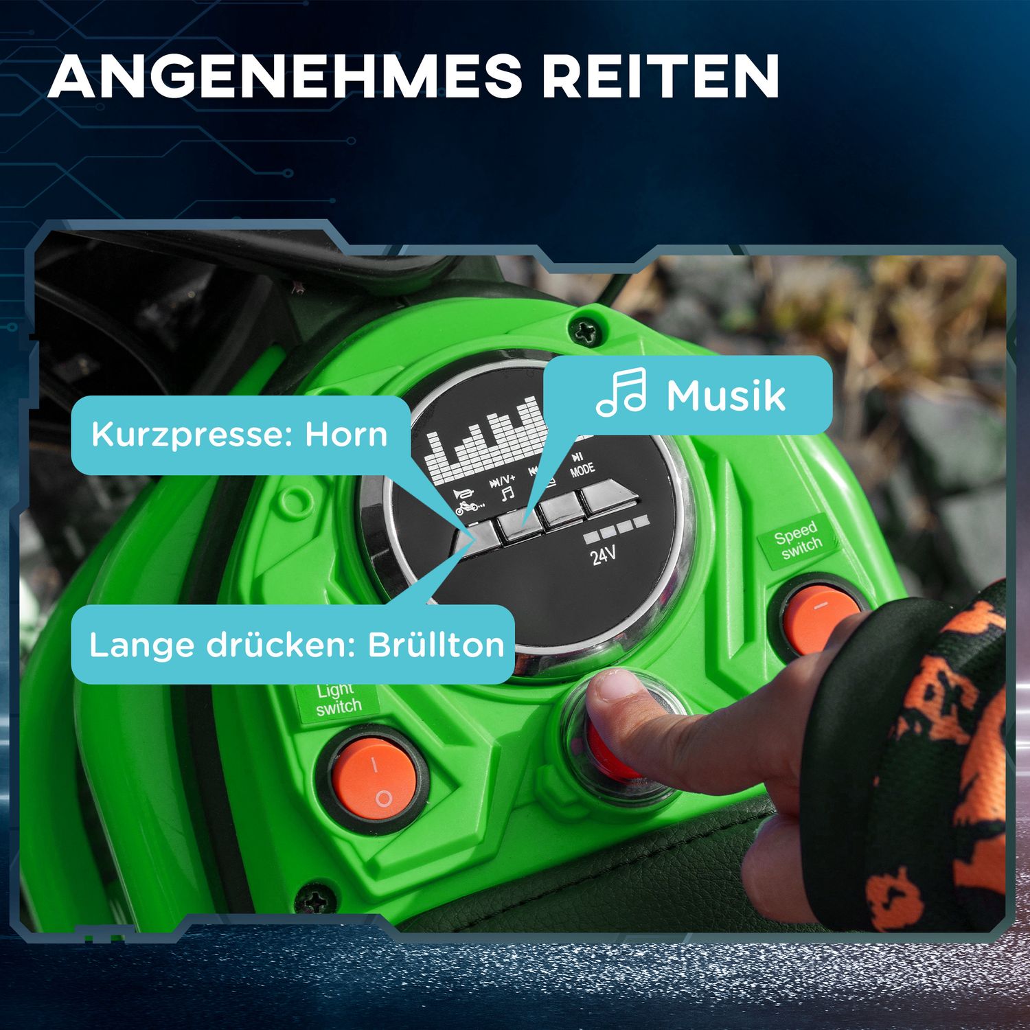 Elmotorcykel för barn, 12V, Horn & Ljus, Grön