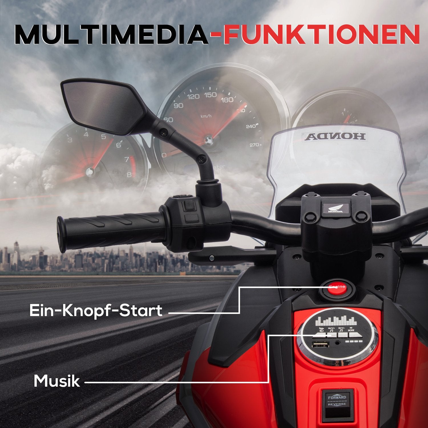 Elmotorcykel för barn, 12V med MP3, USB, LED-lampor, röd
