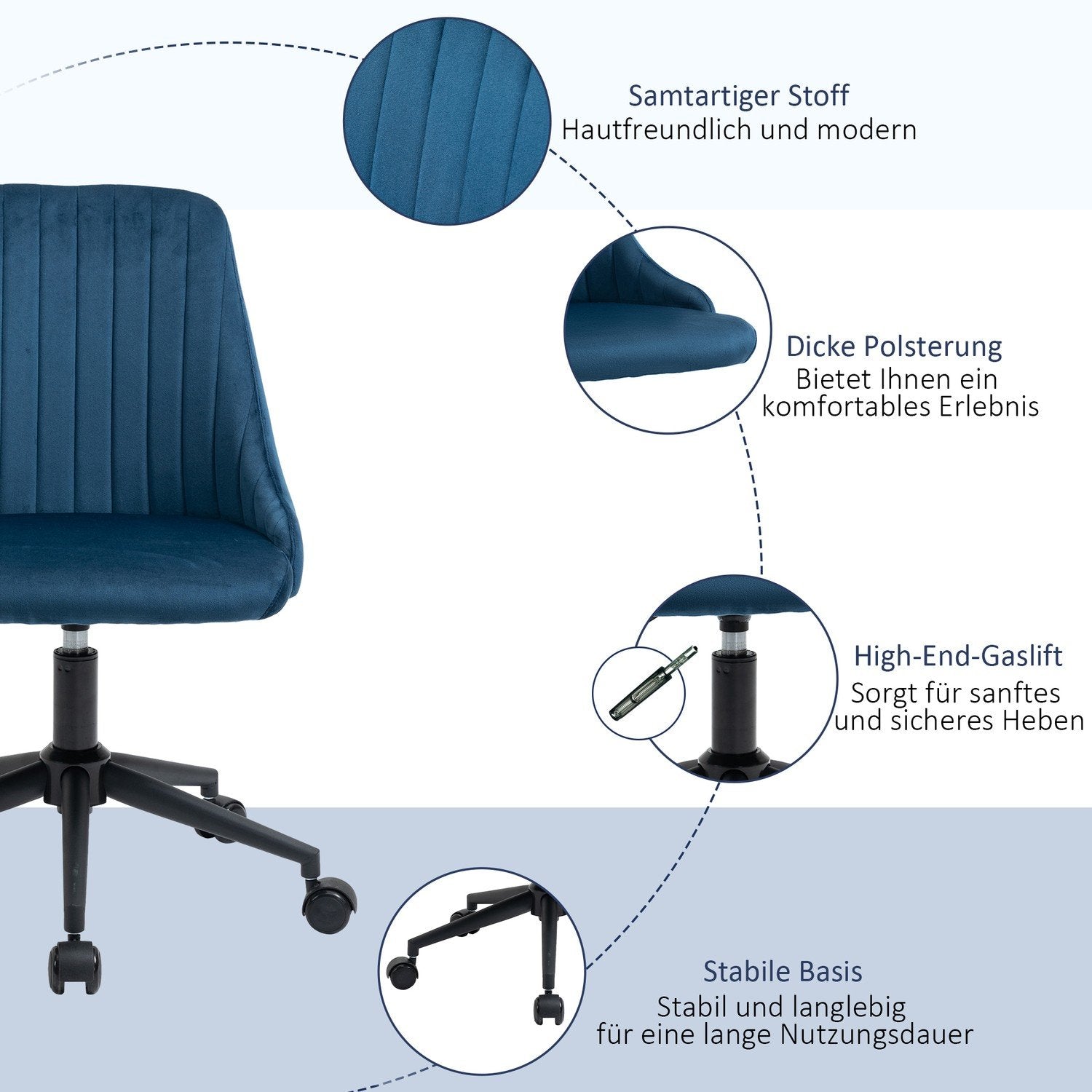 Kontorsstol Snurrstol Skrivbordsstol Ergonomisk Linjedesign Höjdjusterbar 360° Roterbar Sammetslen Polyesterblå 50 X 58 X 77-85 Cm