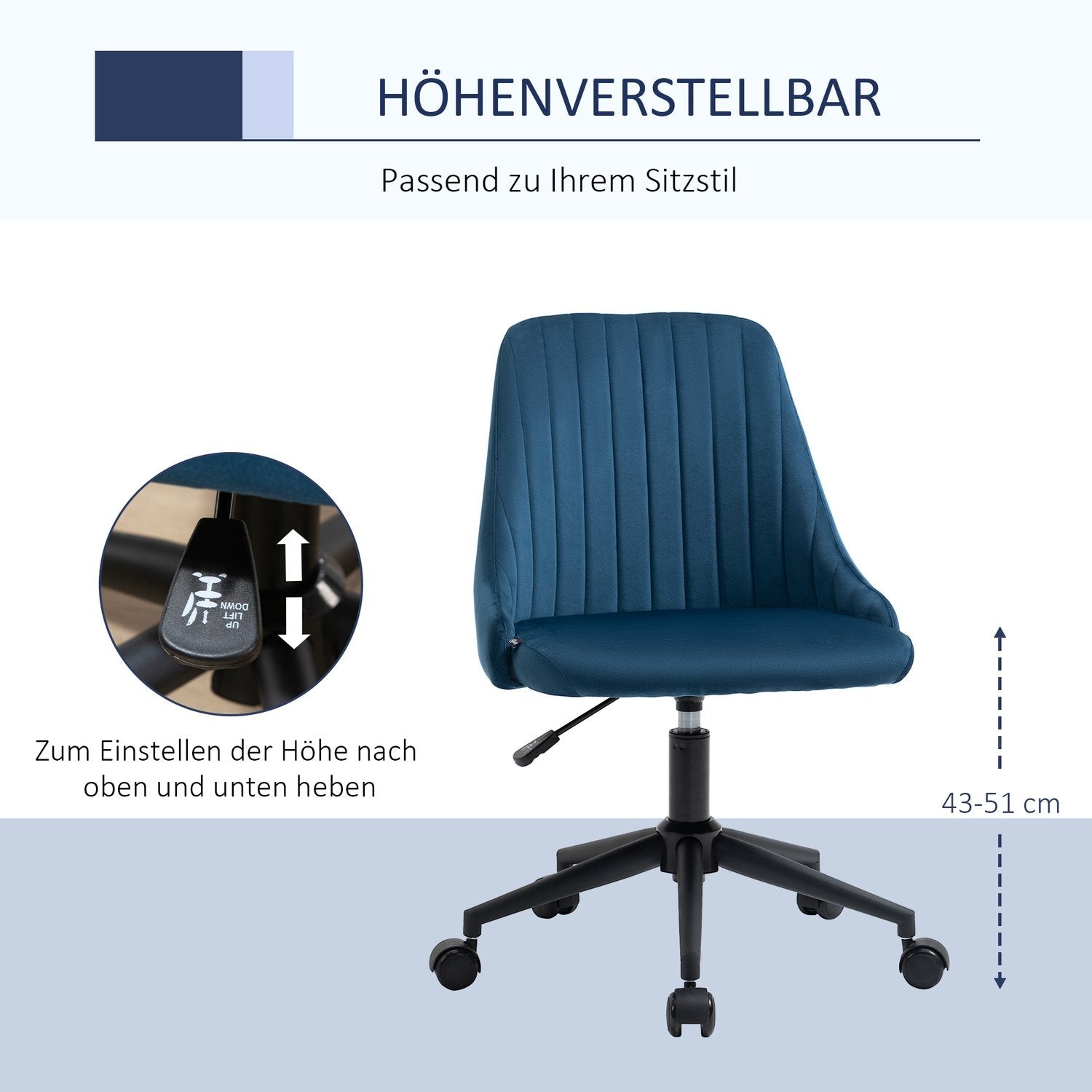 Kontorsstol Snurrstol Skrivbordsstol Ergonomisk Linjedesign Höjdjusterbar 360° Roterbar Sammetslen Polyesterblå 50 X 58 X 77-85 Cm