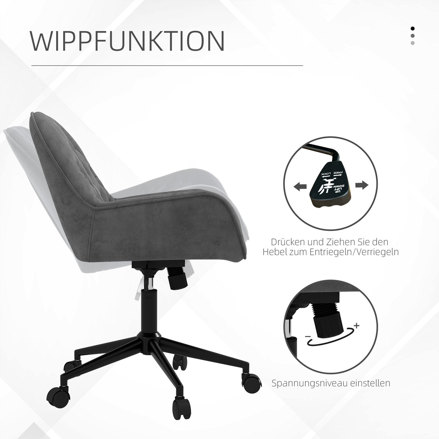 Kontorsstol Skrivbordsstol Med Vippfunktion, Höj- Och Sänkbar, Ergonomisk, Sammetslook, Mörkgrå