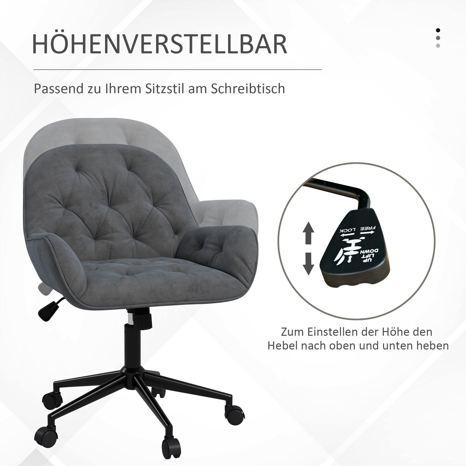 Kontorsstol Skrivbordsstol Med Vippfunktion, Höj- Och Sänkbar, Ergonomisk, Sammetslook, Mörkgrå