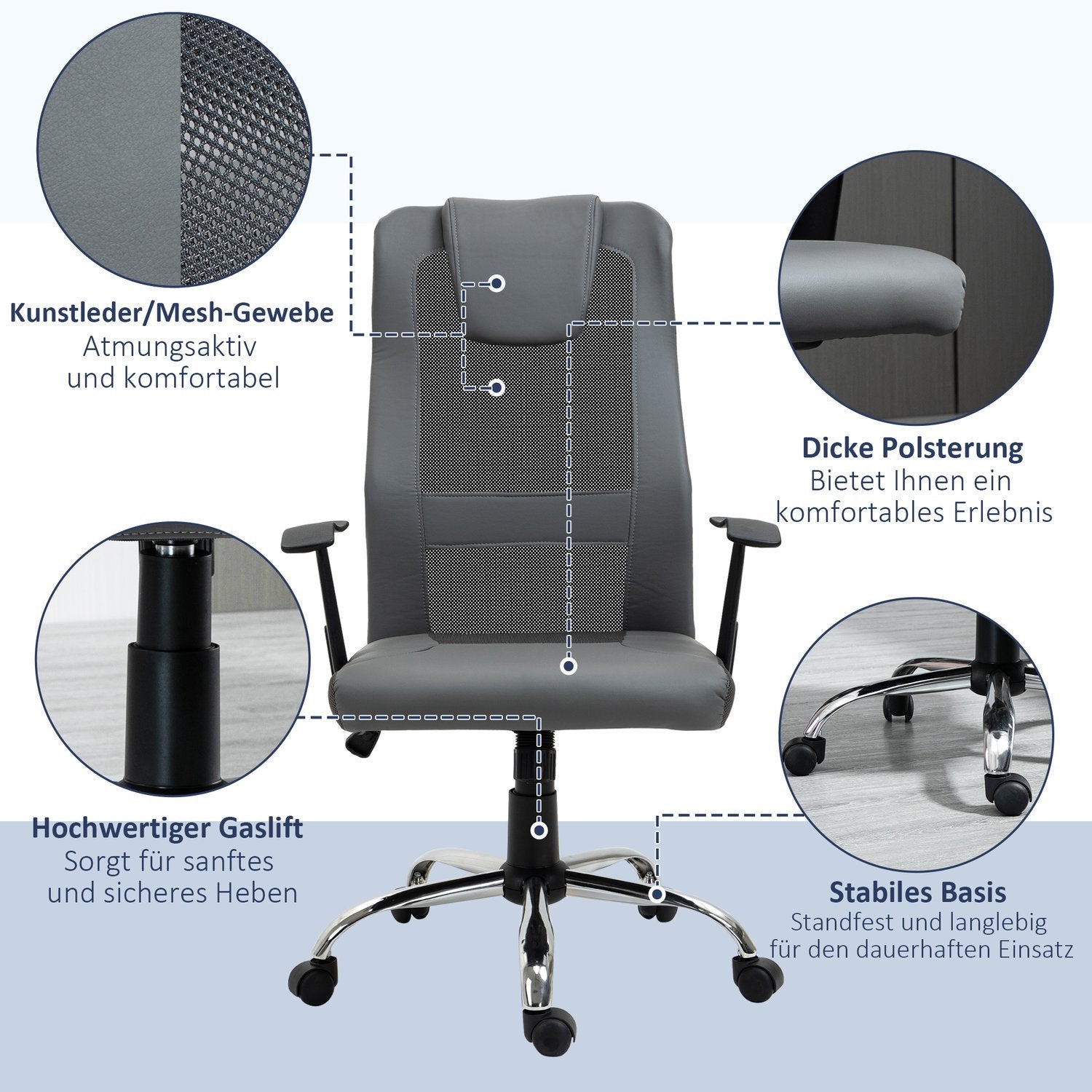 Kontorsstol Chefsstol Höjdjusterbar, Ergonomisk, Konstläder, Grå, 66X73X108-118 Cm