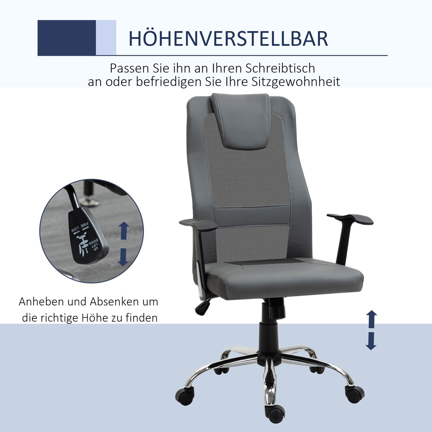 Kontorsstol Chefsstol Höjdjusterbar, Ergonomisk, Konstläder, Grå, 66X73X108-118 Cm