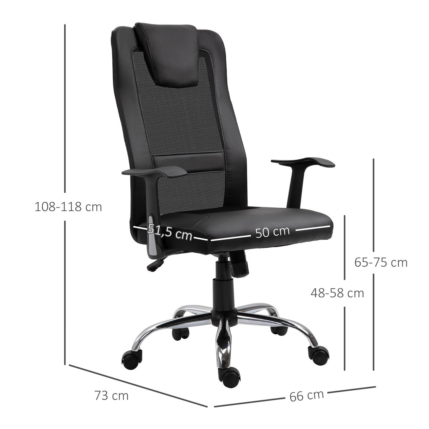 Kontorsstol Ergonomisk Snurrstol, Höjdjusterbar, Pu-Läder, Svart, 66X73X108-118 Cm