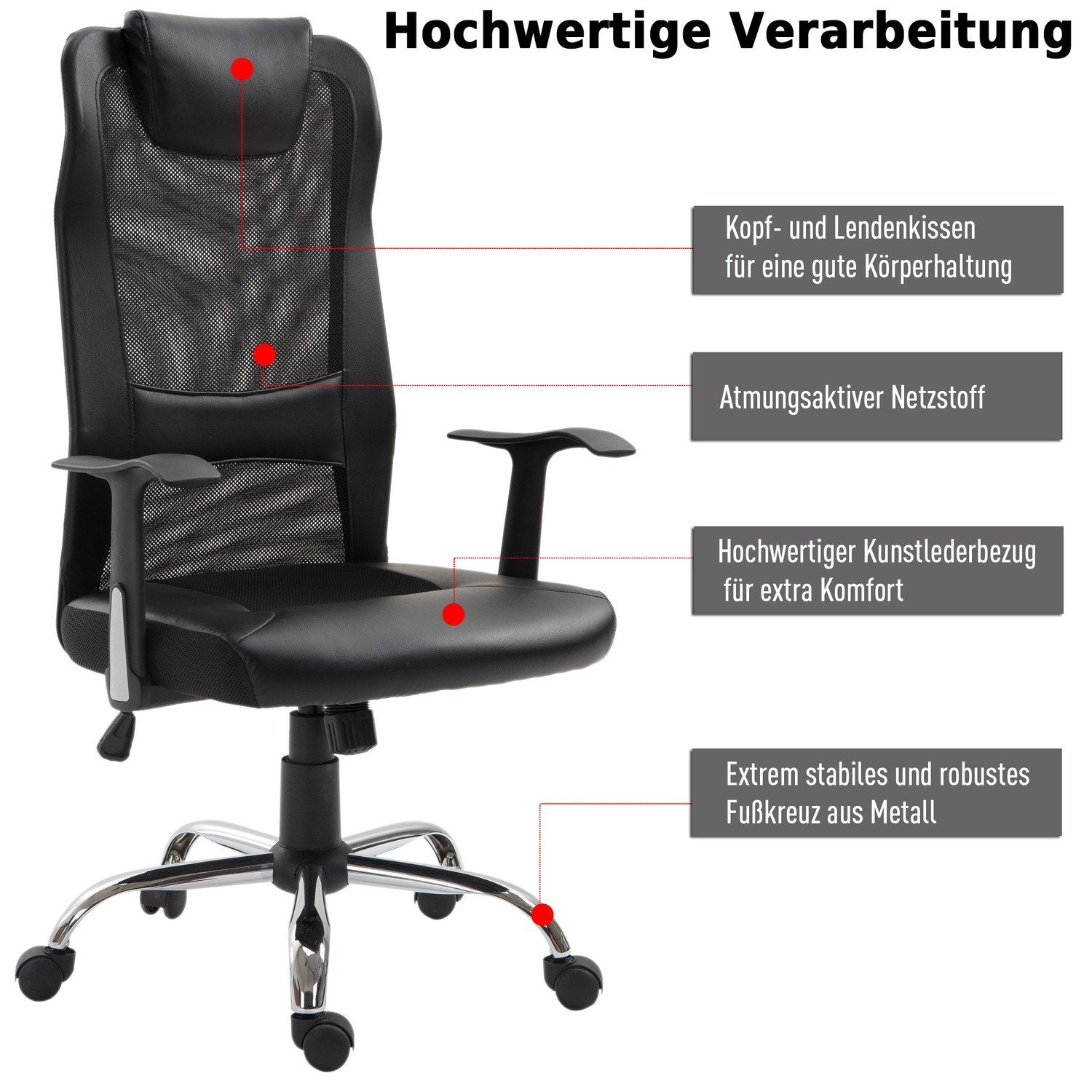 Kontorsstol Ergonomisk Snurrstol, Höjdjusterbar, Pu-Läder, Svart, 66X73X108-118 Cm