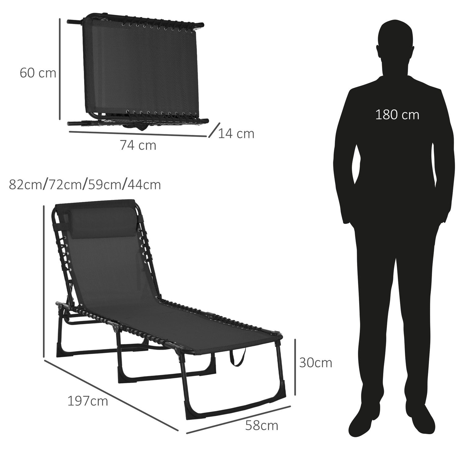 Solstol Hopfällbar Trädgårdsstol Hopfällbar Solstol Trädgård 4-Stegs Ryggstöd Justerbart Stålnättyg Svart 197 X 58 X 76 Cm