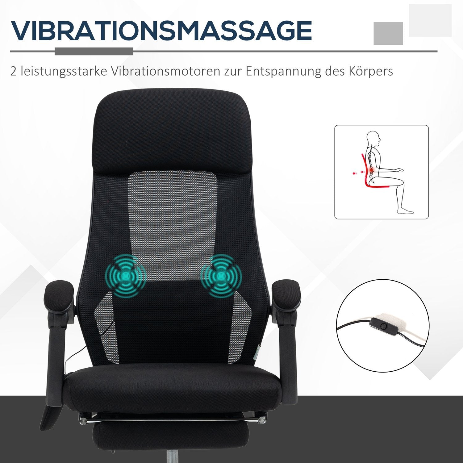 Kontorsstol Massagestol Med 2 Vibrationspunkter, Liggfunktion, Fotstöd, Usb, Meshtyg