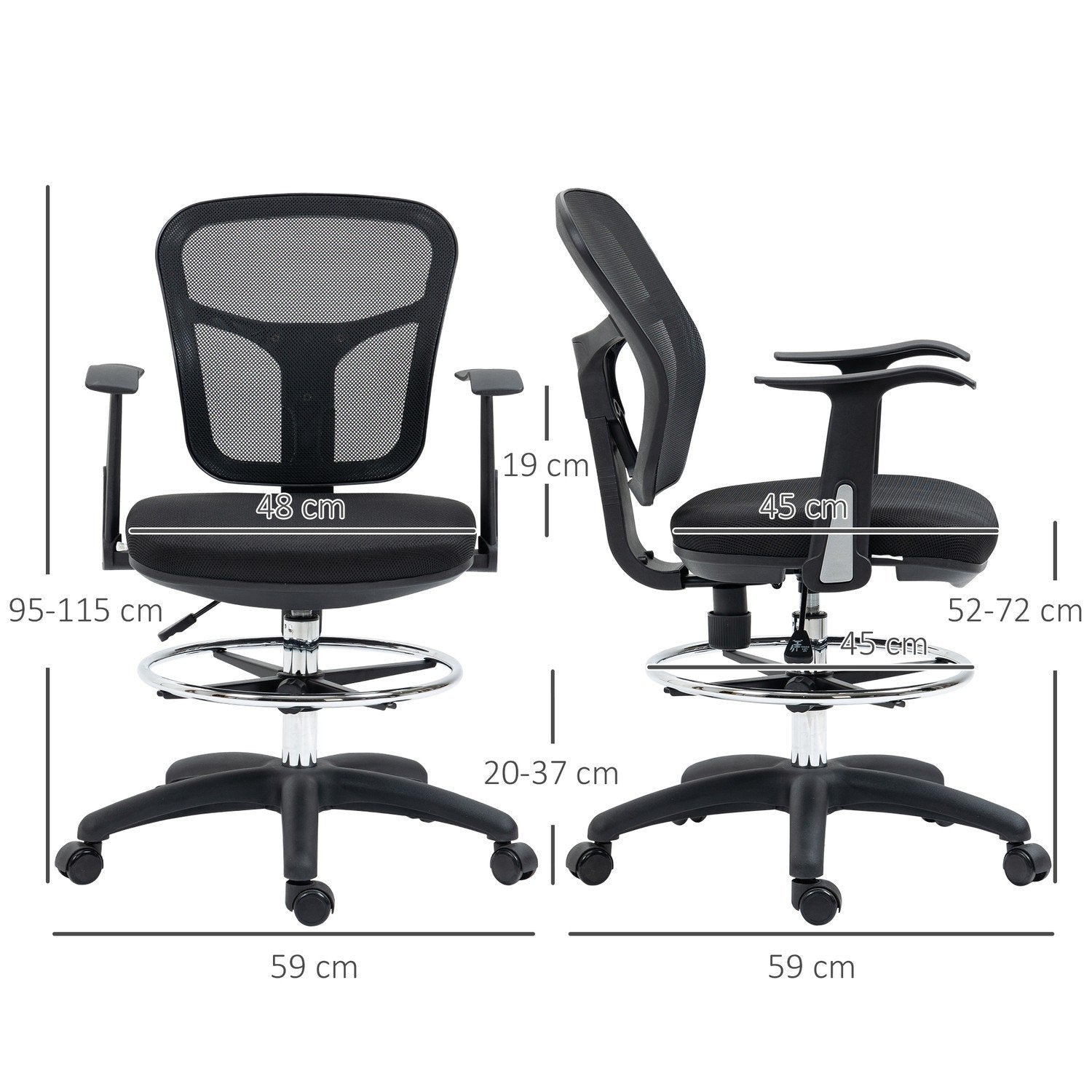 Kontorsstol, Ergonomisk Ritstol, 95-115 Cm Datorstol Med Armstöd, Skrivbordsstol Med Fotstöd, Mesh, Svart