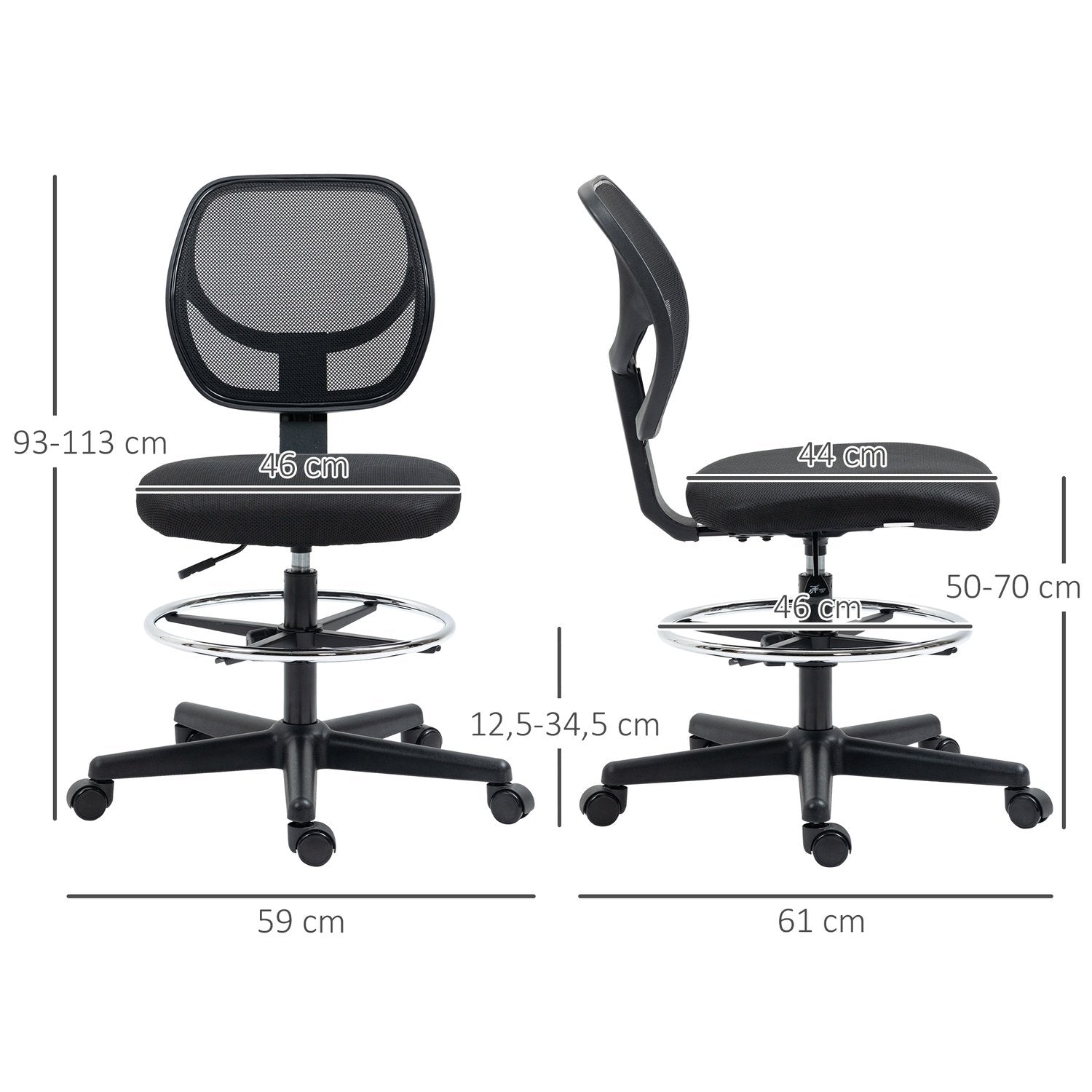 Kontorsstol Ergonomisk Snurrstol Med Justerbar Fotring, Höjdjusterbar 93-113Cm, Hjul, Svart