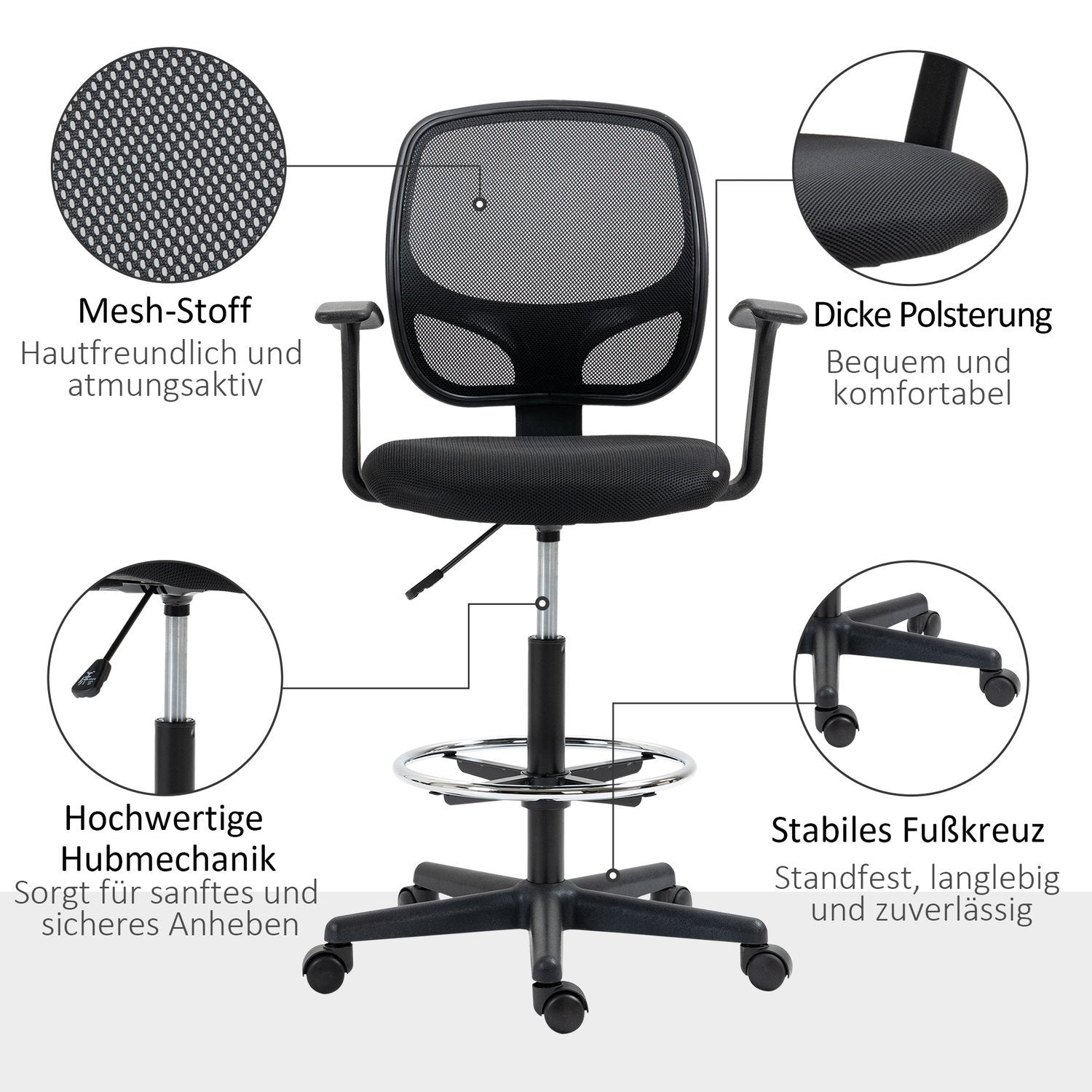 Ergonomisk Kontorsstol, Skrivbordsstol, Snurrstol, Ritstol, Justerbar Fotring, Upp Till 120 Kg, Svart, 60X56X110-132 Cm