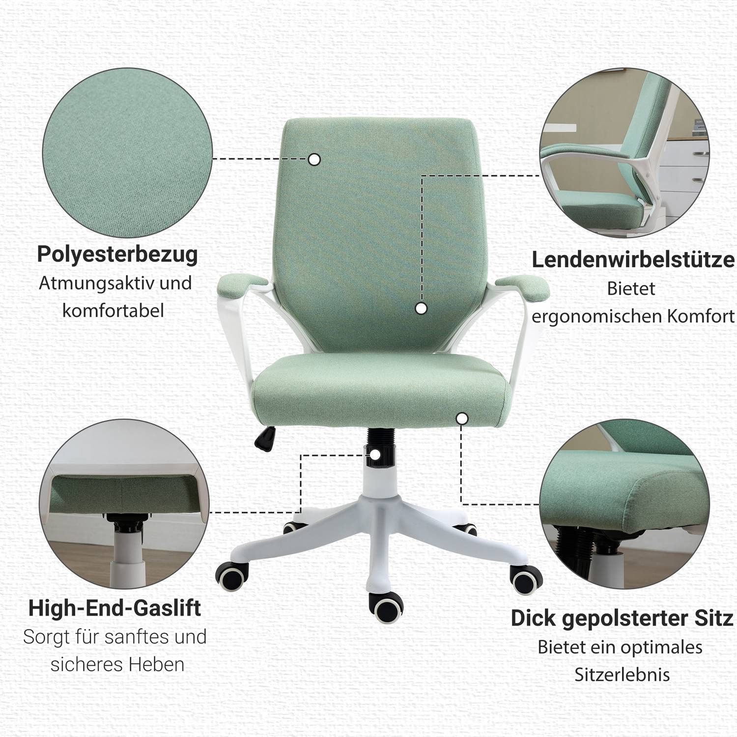 Kontorsstol Skrivbordsstol Med Rocker Funktion Ryggstöd Tjockt Vadderat Ergonomiska 360° Svängbara Hjul Polyester Grön + Vit 62X69X92-100 Cm