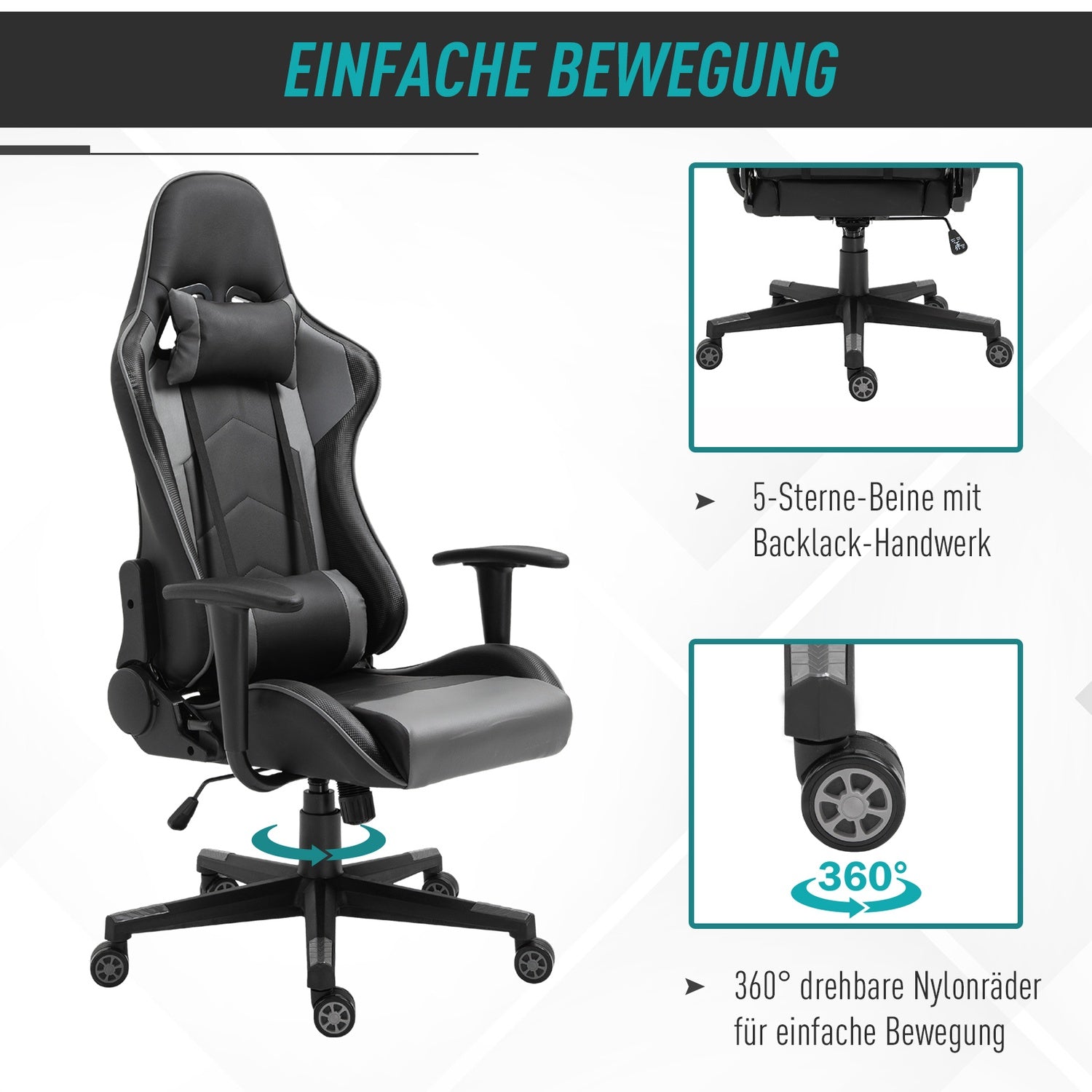 Ergonomisk vridbar spelstol, svart konstläder