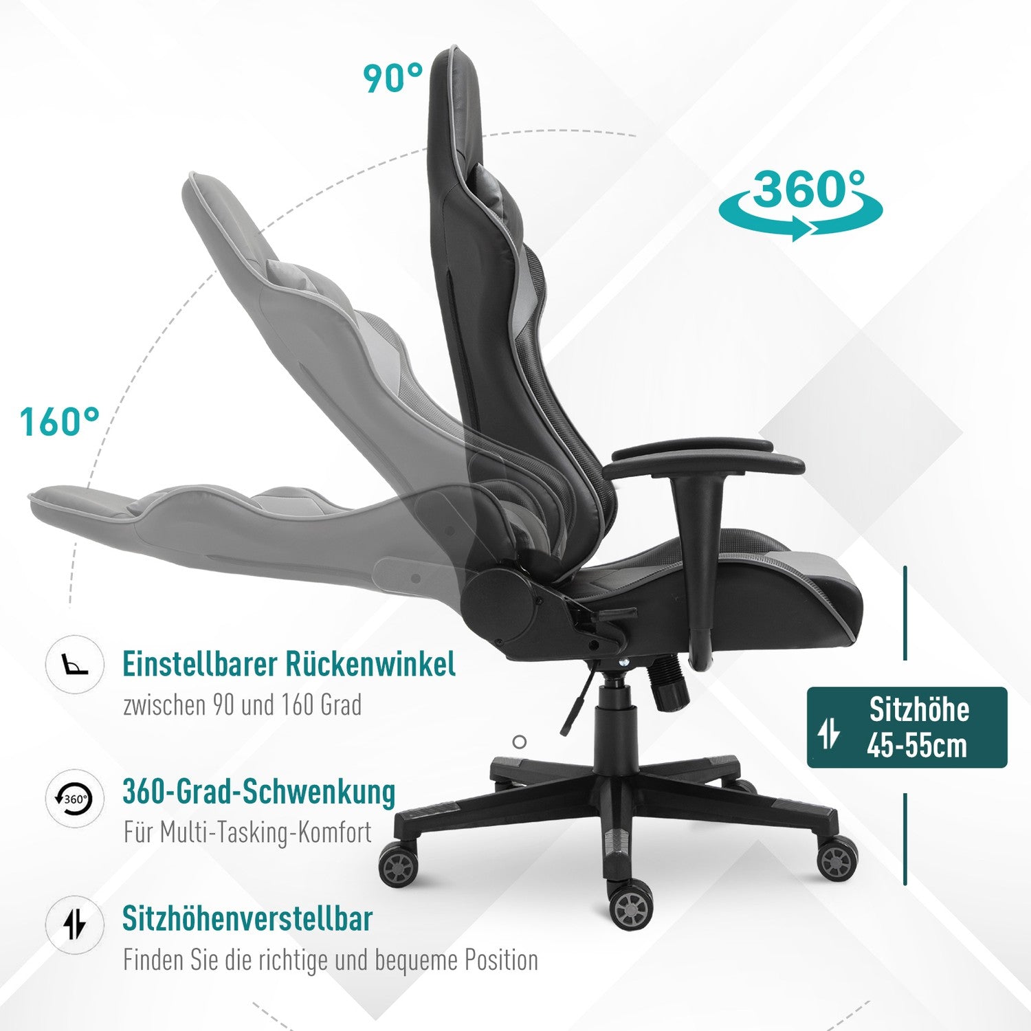 Ergonomisk vridbar spelstol, svart konstläder