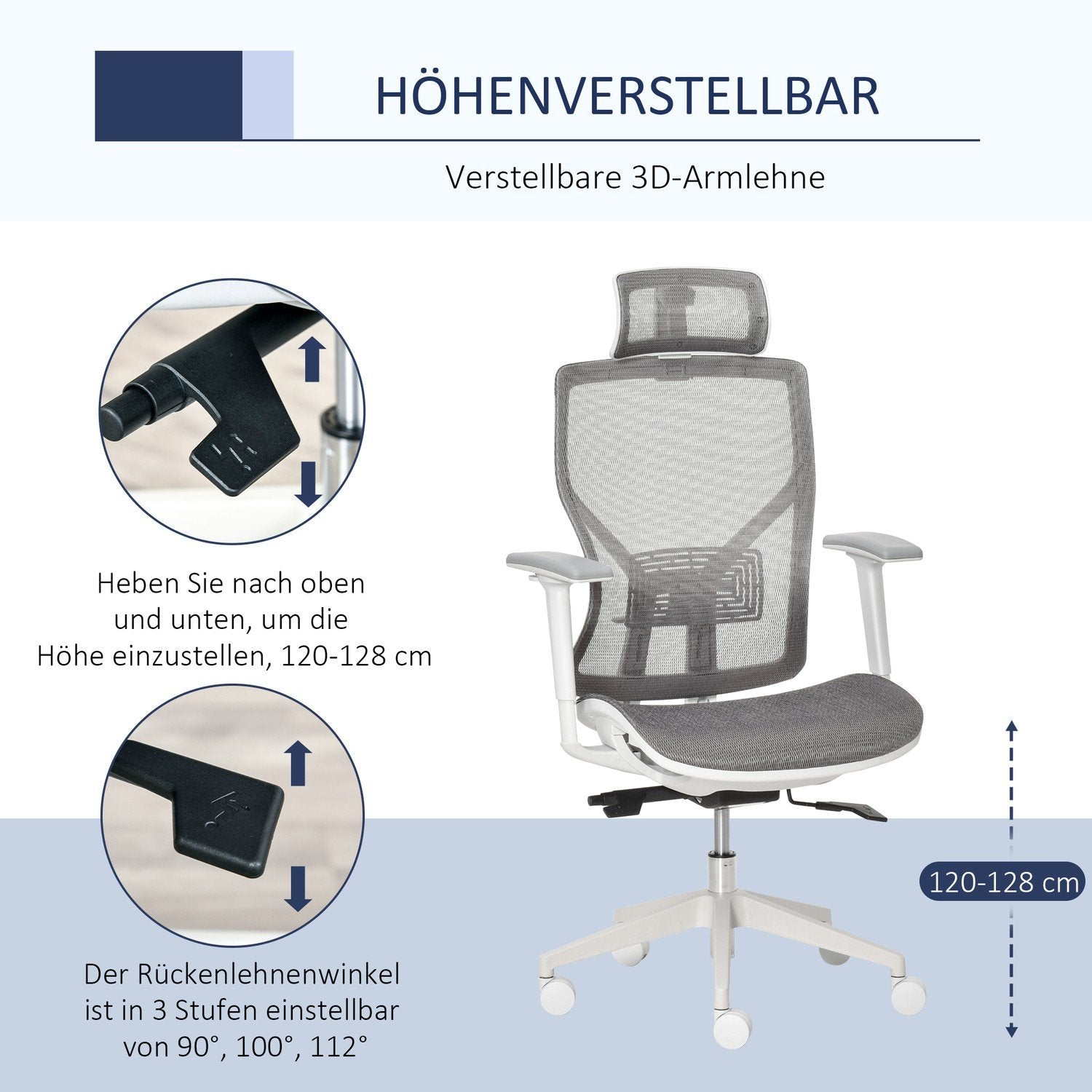 Kontorsstol Skrivbordsstol Snurrstol Gamingstol Med Nackstöd Ländstödskudde 3D Armstöd 3 Nivåer 360° Svängbara Hjul Höjdjusterbar Ergonomisk