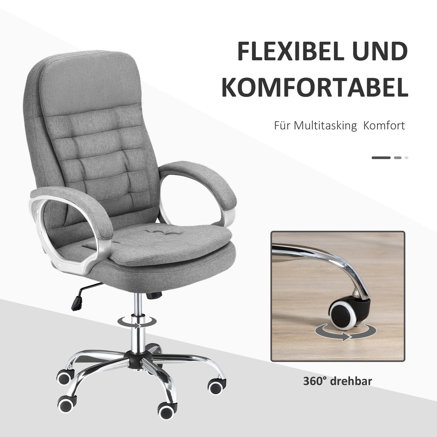 Kontorsstol Arbetsstol Med 360° Rotation, Ergonomisk, Vippfunktion, Höj- Och Sänkbar, Grått Linne, 64X75X111-121 Cm